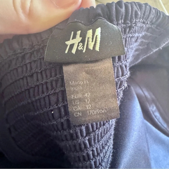 H&M Navy Blue Striped Empire Waist Sleeveless Strap Ruffle Geo Mini Dress Sz  12 - Picture 11 of 12